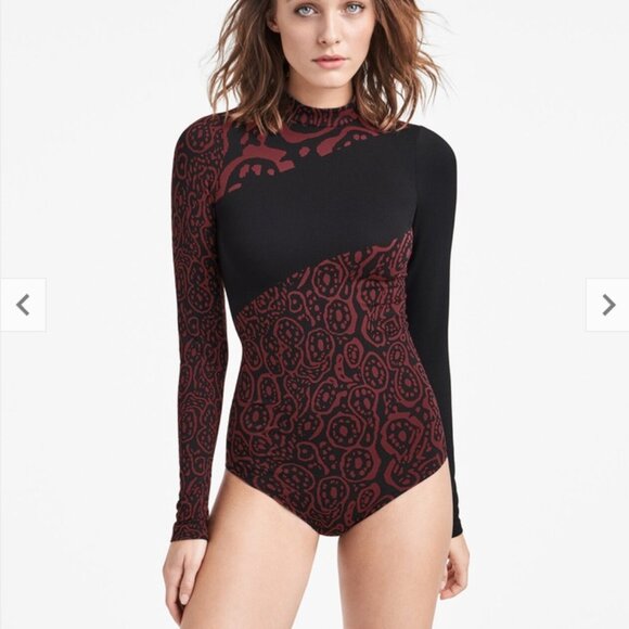 Wolford Tops - Wolford Poison Dart Two Tone Long Sleeve Long Torso Bodysuit Burgundy/Black -XS